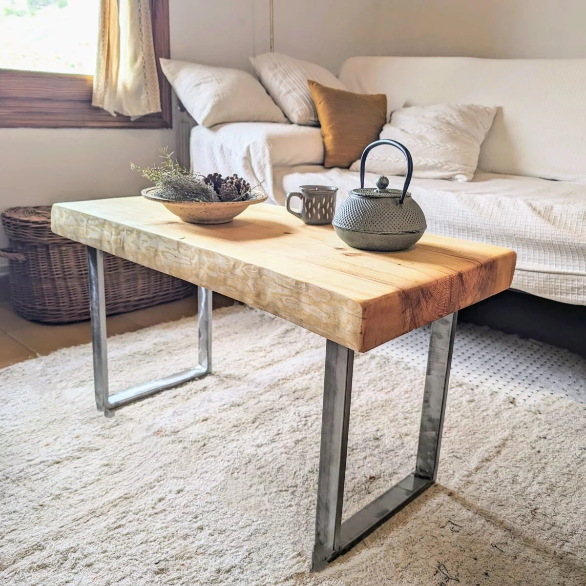 Live edge coffee table, metal industrial legs, antique pine, certified wood furniture, carbon neutral furniture, tea table, rustic coffee table, low coffee table