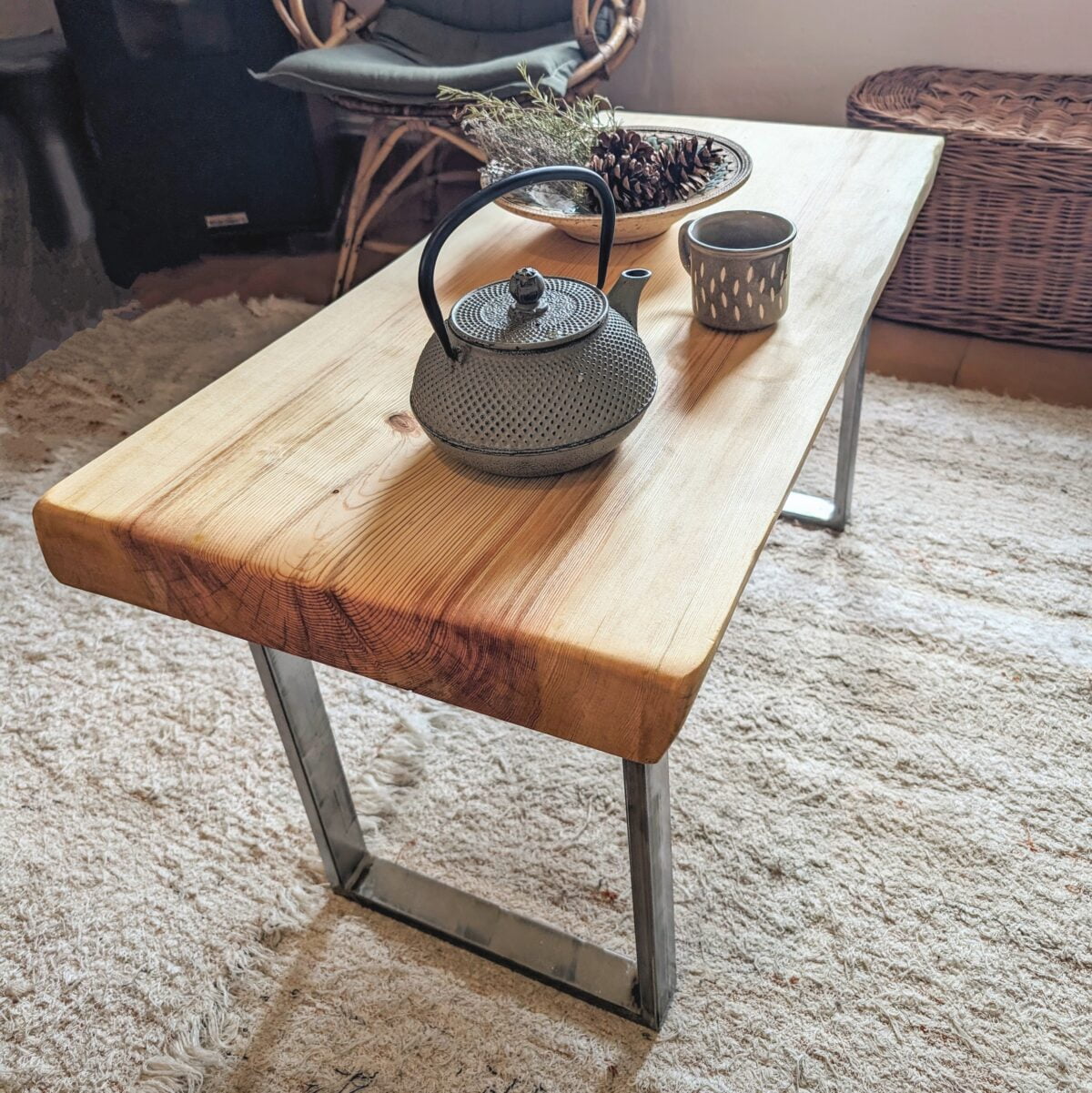 Live edge coffee table, metal industrial legs, antique pine, certified wood furniture, carbon neutral furniture, tea table, rustic coffee table, low coffee table